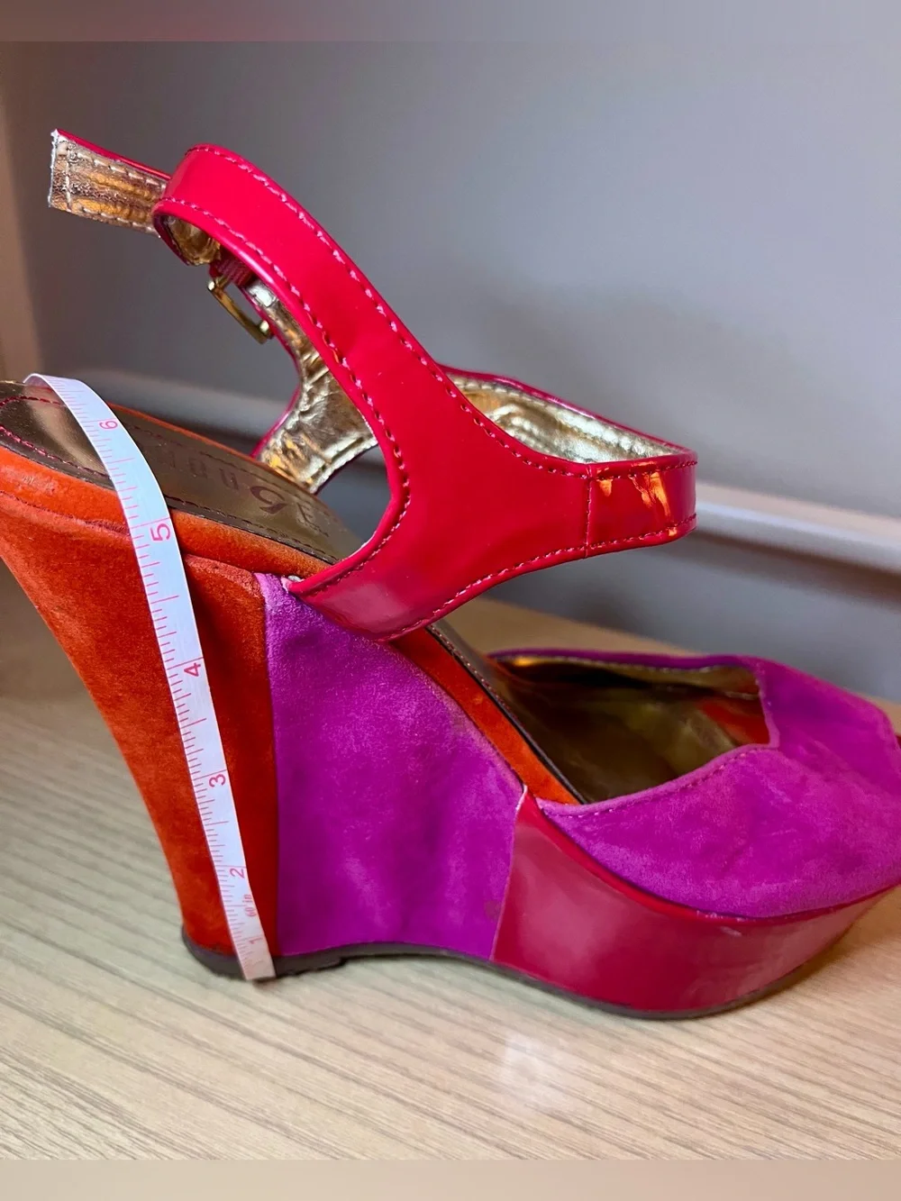 Rouge Helium Colorblock Wedge Sandals Platform Peep Toe - Pink, Red, Orange Sz 8